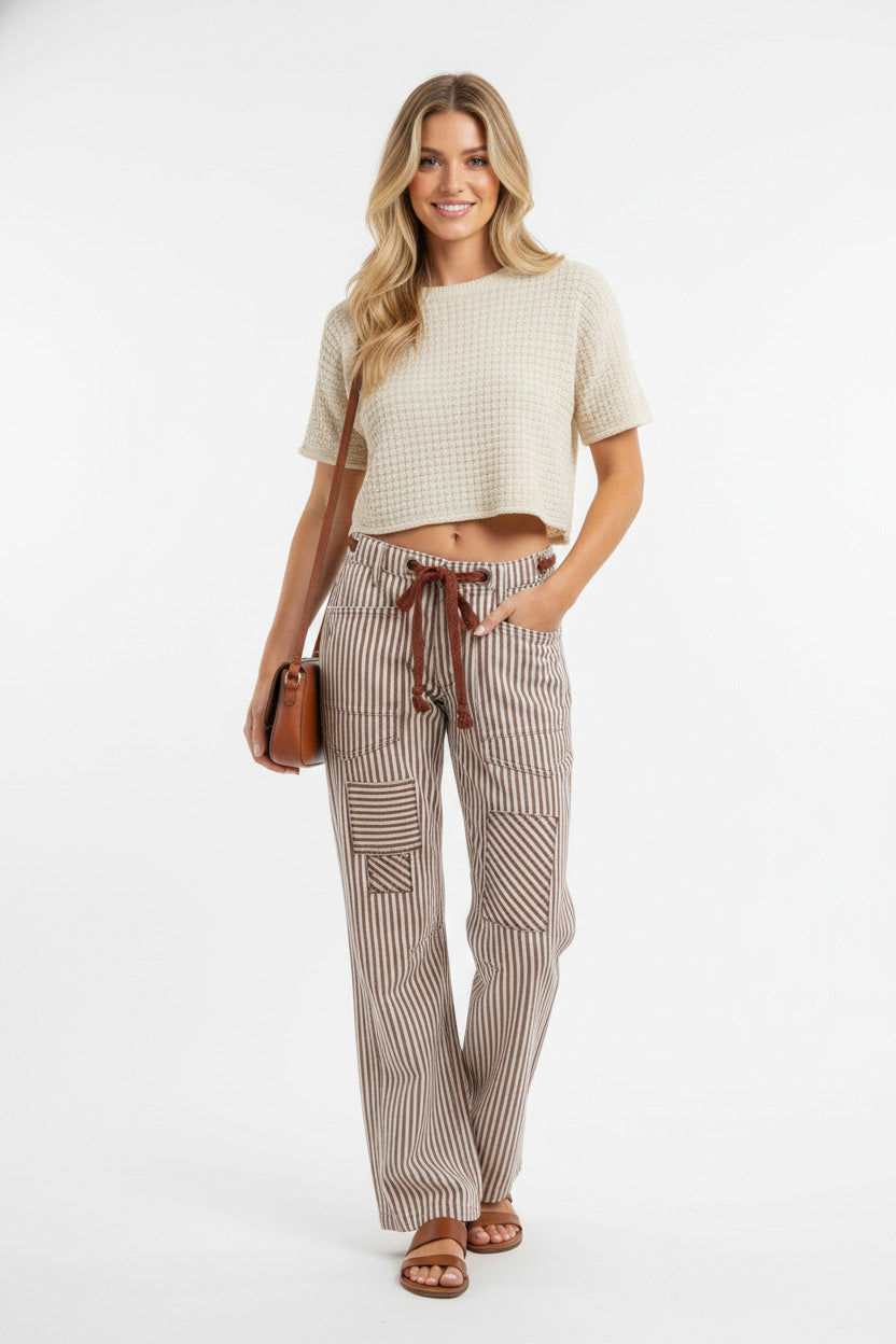 BiBi Drawstring Striped Twill Barrel Pants - Image 2