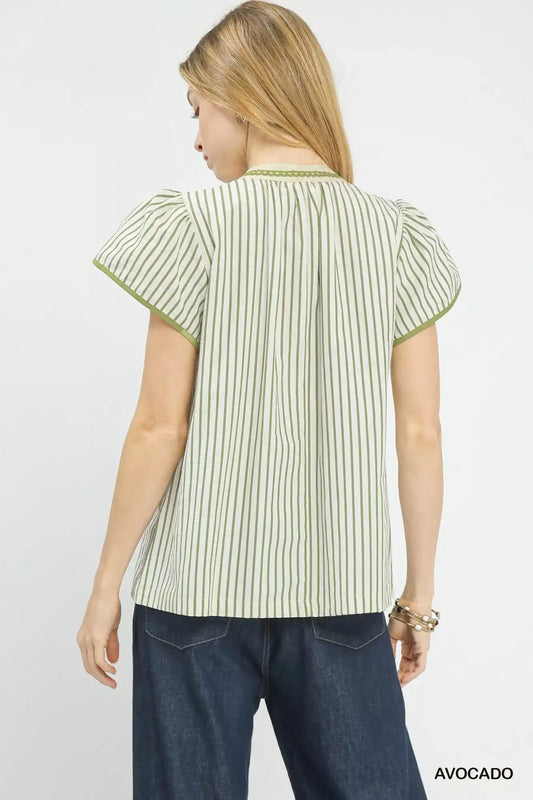 Umgee V-Neck Stripe Top with Lace Trim - Sleekdenim.com