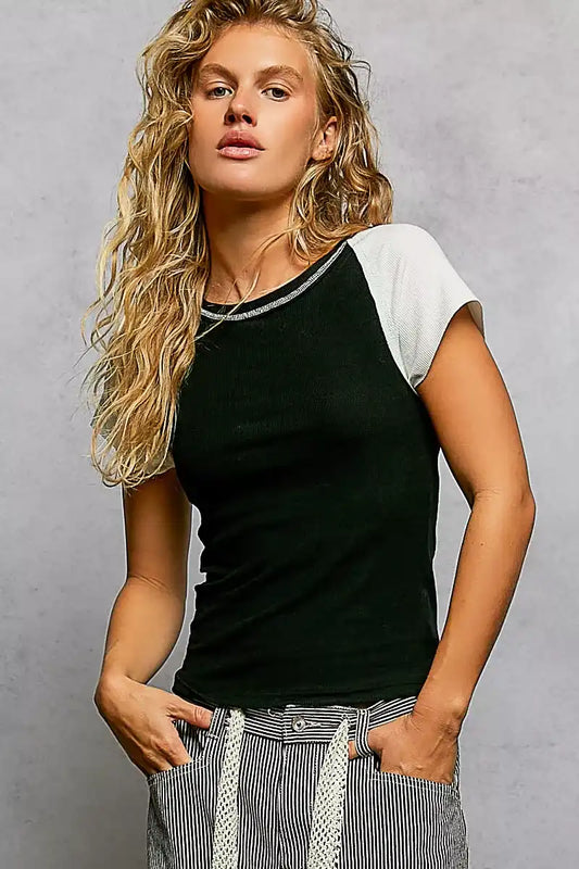 POL Round Neck Outseam Detail T-Shirt with Contrast Color Sleeves - Sleekdenim.com