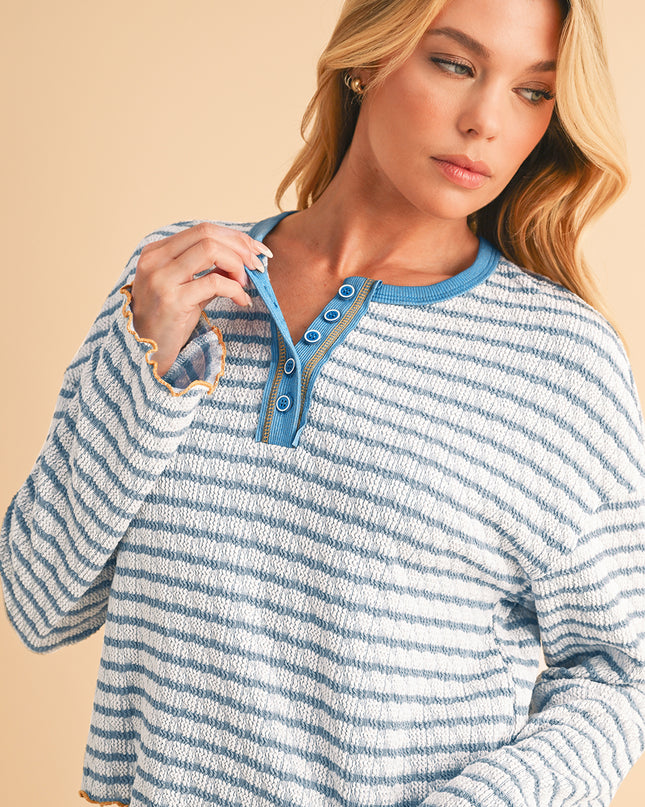 Sky Blue Stripe Textured Long Sleeve Henley Top
