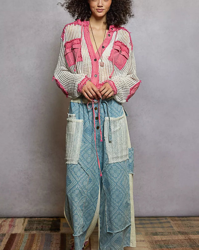 POL Texture Woven Button Down Hooded Shirt with Drawstring Hem - Sleekdenim.com