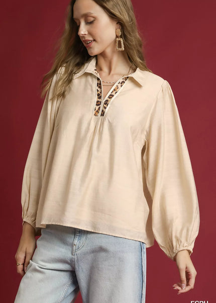 Umgee Long Sleeve Blouse with Leopard Print Trim - Sleekdenim.com