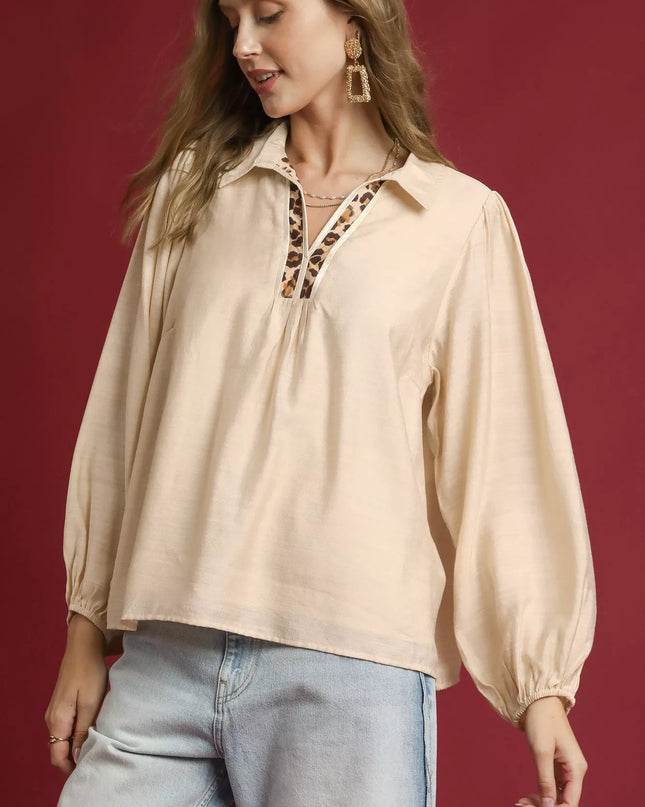 Umgee Long Sleeve Blouse with Leopard Print Trim - Sleekdenim.com