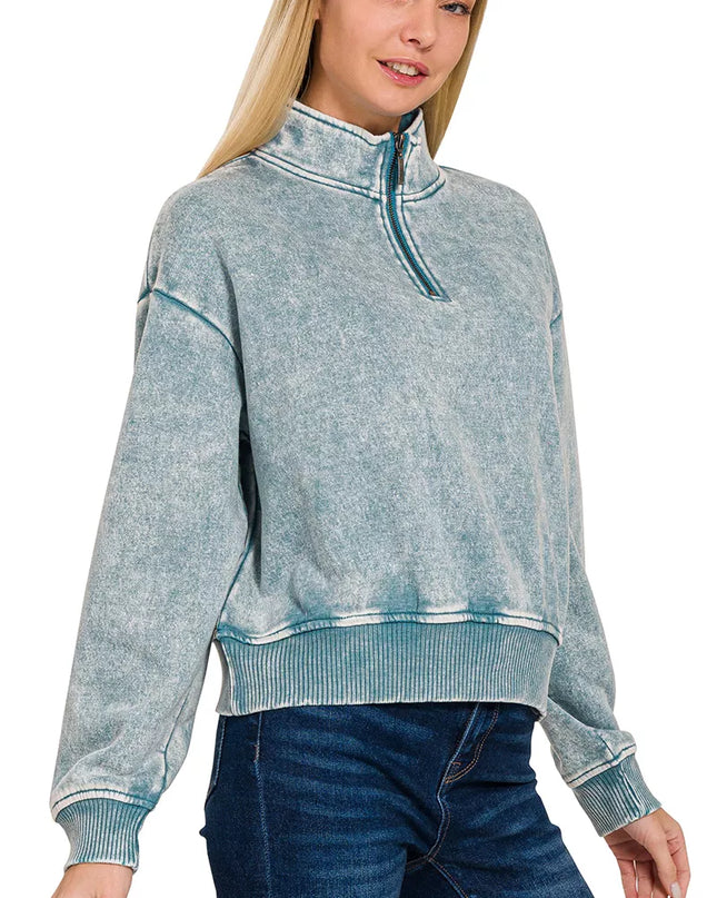 Zenana Acid Wash Fleece Half Zip Sweatshirt - Sleekdenim.com