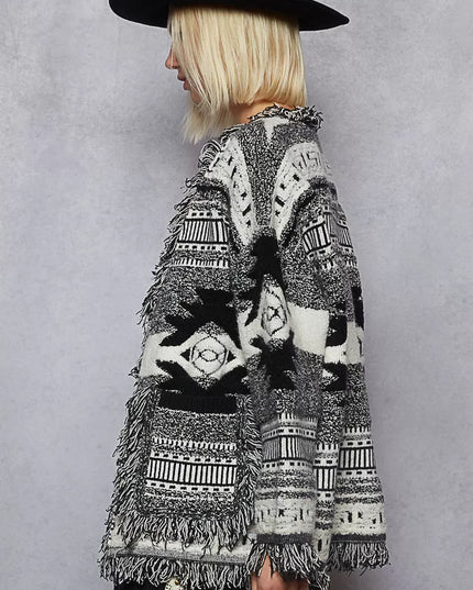 POL Open Front Geometric Print Cardigan with Fringe Detail - Sleekdenim.com