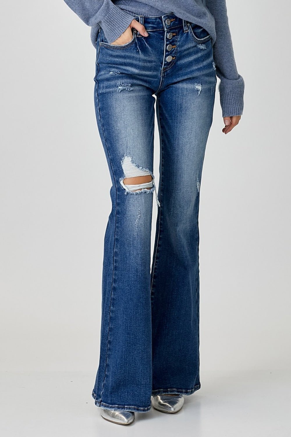 RISEN Distressed Button-Fly Flare Jeans | Sleekdenim.com