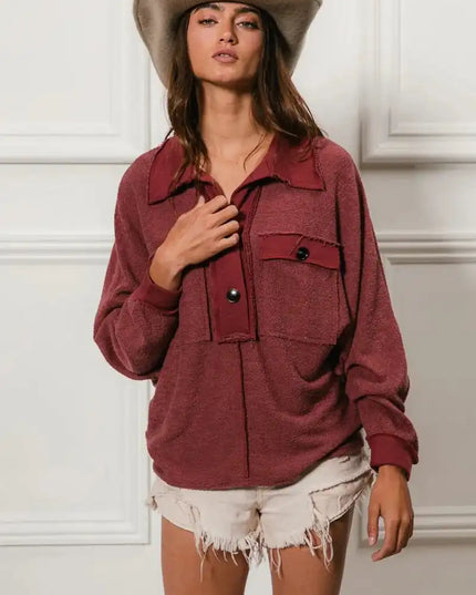 BiBi Cp French Terry Cut Edge Detail Collared Top - Sleekdenim.com