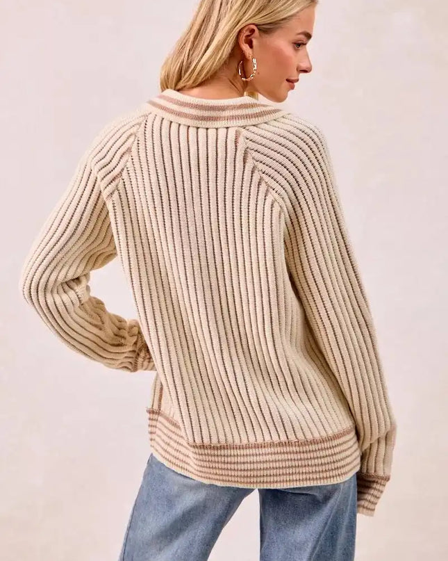 BiBi Half Button Ribbed Two Tone Sweater - Sleekdenim.com