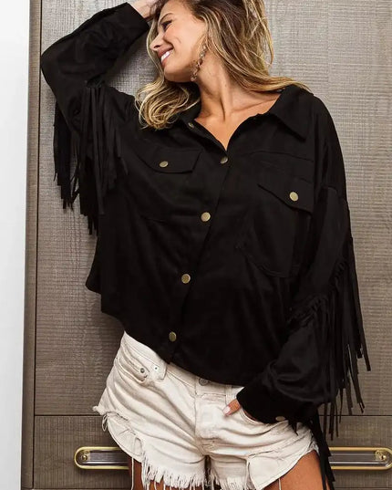 BiBi Suede Fringe Long Sleeve Jacket - Sleekdenim.com