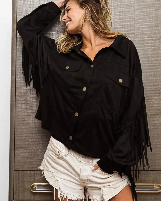 BiBi Suede Fringe Long Sleeve Jacket - Sleekdenim.com