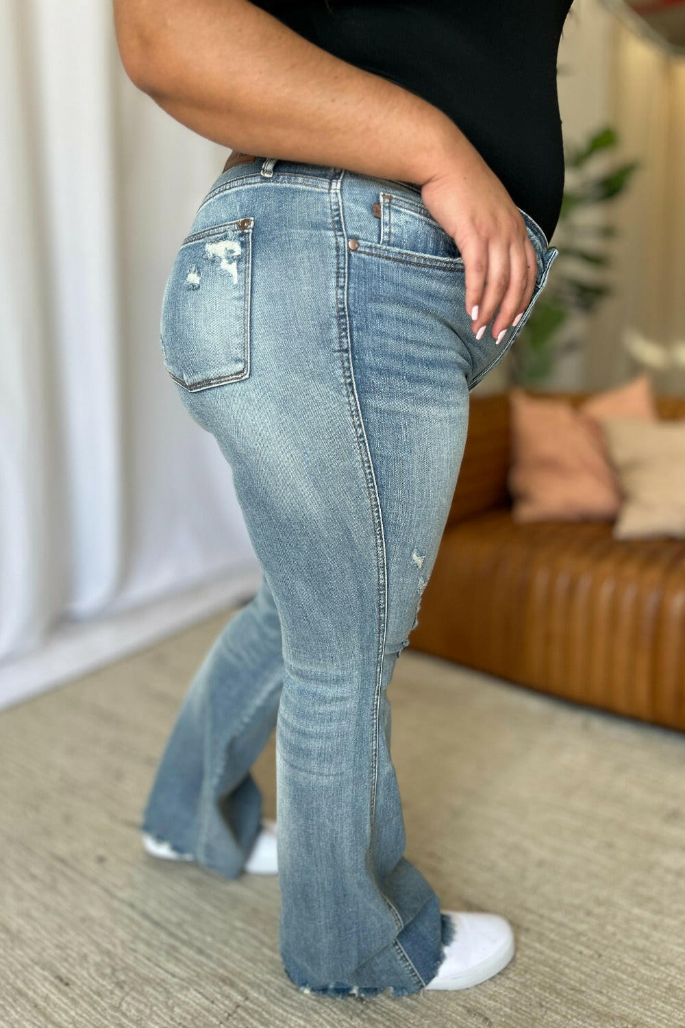 Judy Blue Full Size Medium Rise Tummy Control Destroy Flare | Sleekdenim.com