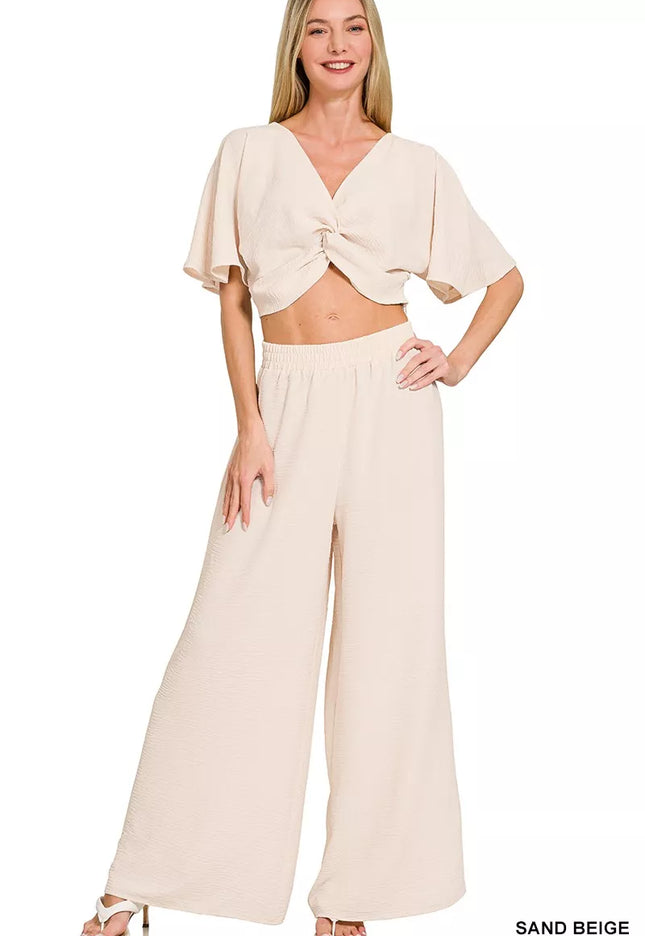 Zenana Woven Airflow Twisted Top & Wide Leg Pants Set - Main View