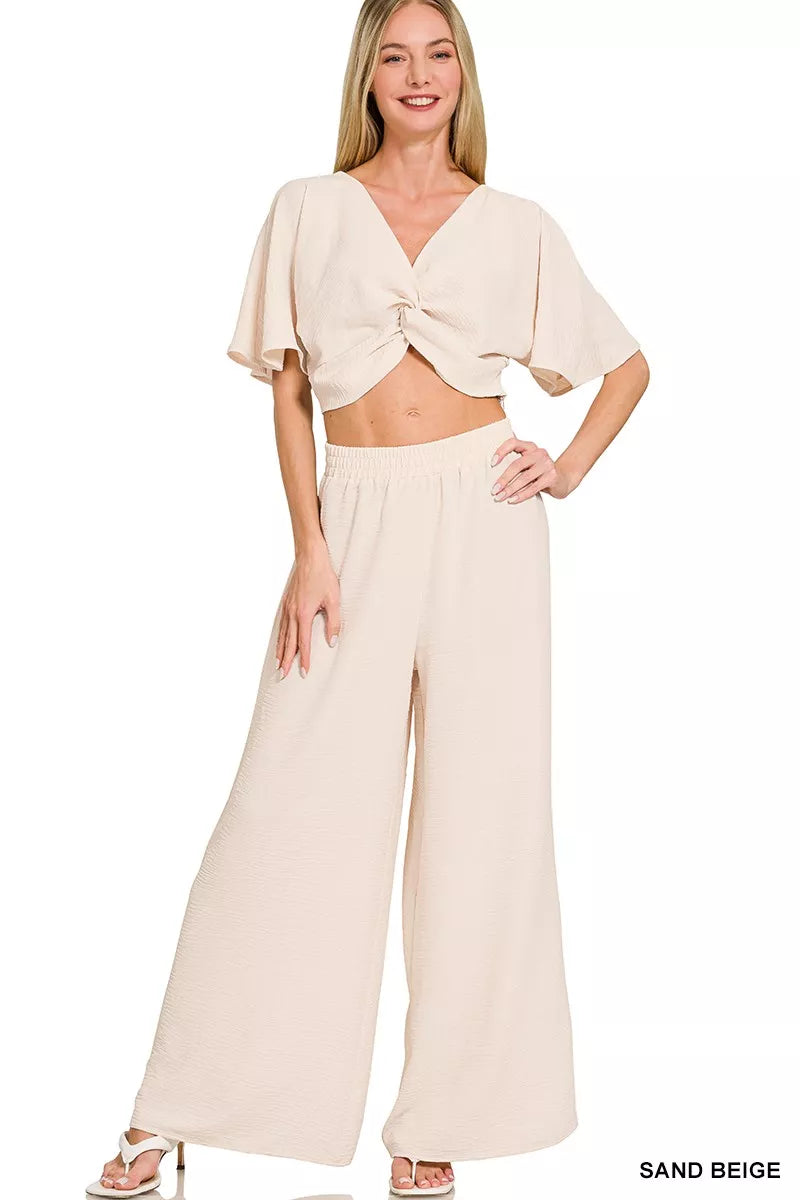 Zenana Woven Airflow Twisted Top & Wide Leg Pants Set - Main View