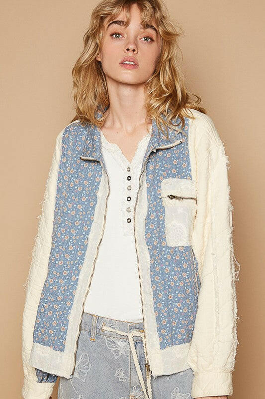 POL Floral Patchwork Zip Up Long Sleeve Jacket | Sleekdenim.com