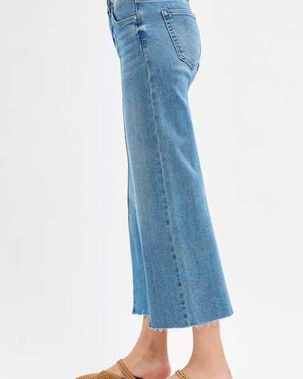 RISEN Tummy Control Mid Rise Crop Wide Front Slit Jeans - Sleekdenim.com