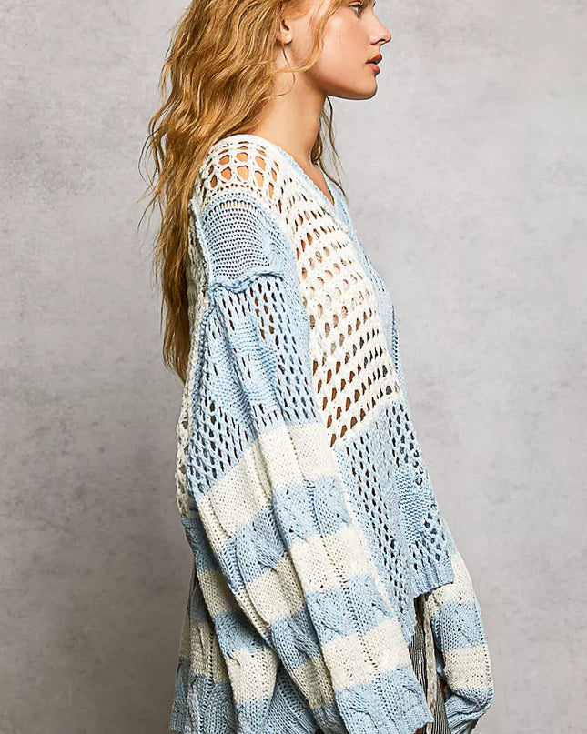 POL Color-Blocked Stripe Pattern Knit Top with Twisted Weave - Sleekdenim.com