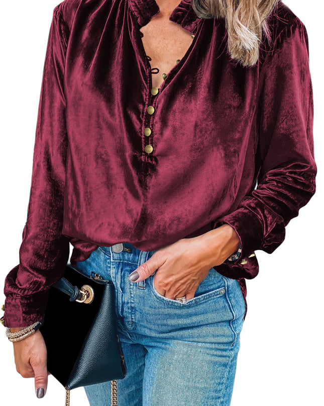 Red Frilled Buttoned V Neck Velvet Blouse