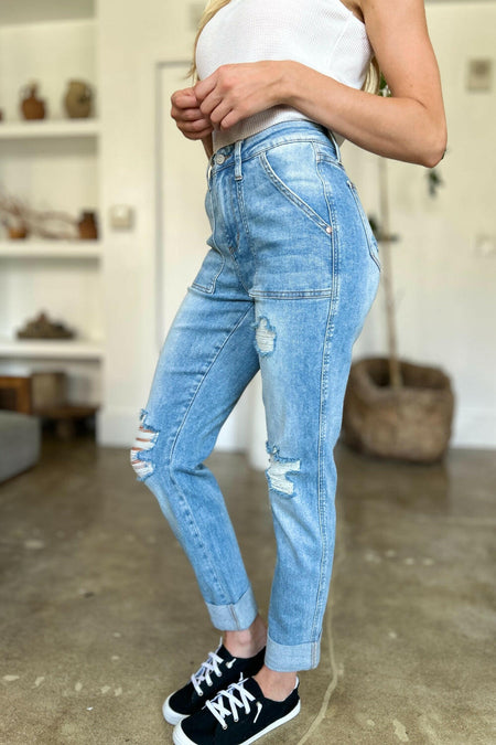 Judy Blue Full Size Distressed Straight Jeans with Patch Pockets | Sleekdenim.com