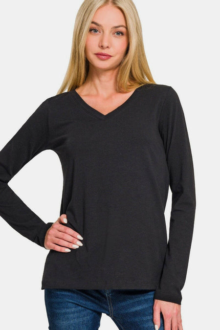 Zenana Full Size V-Neck Long Sleeve T-Shirt | Sleekdenim.com