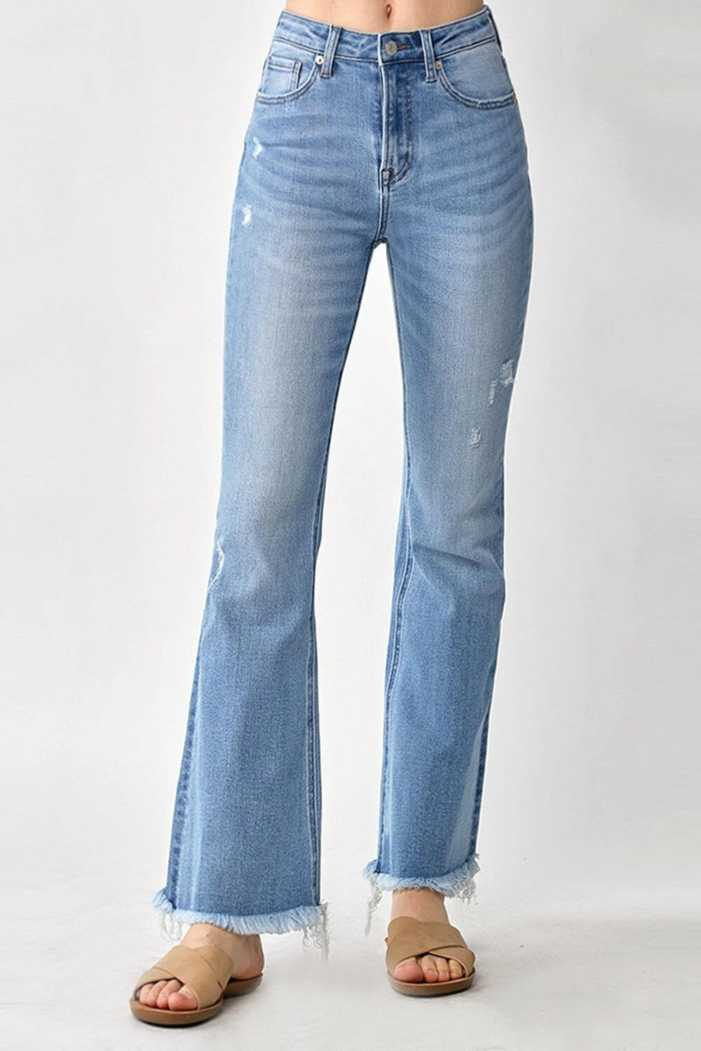 RISEN High Rise Frayed Hem Bootcut Jeans.