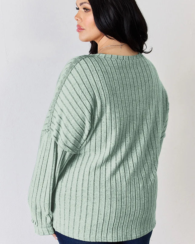 Basic Bae Full Size Ribbed Half Button Long Sleeve T-Shirt - Sleekdenim.com