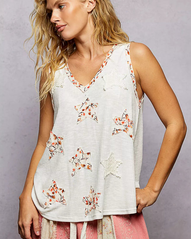 POL Floral Print Star Patch V-Neck Ribbed Tank - Sleekdenim.com
