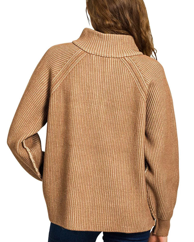 Zenana Ribbed Two Tone Half Zip Sweater - Sleekdenim.com
