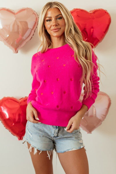 Red Heart Shape Drop Shoulder Round Neck Sweater | Sleekdenim.com