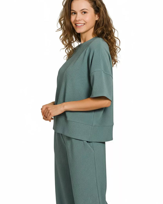 Zenana Ribbed Round Neck Tee & Pants Set - Sleekdenim.com