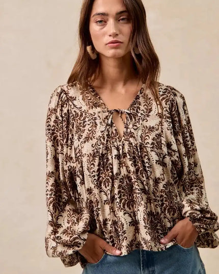 BiBi Printed Woven Front Tied Blouse with Baloon Sleeve - Sleekdenim.com