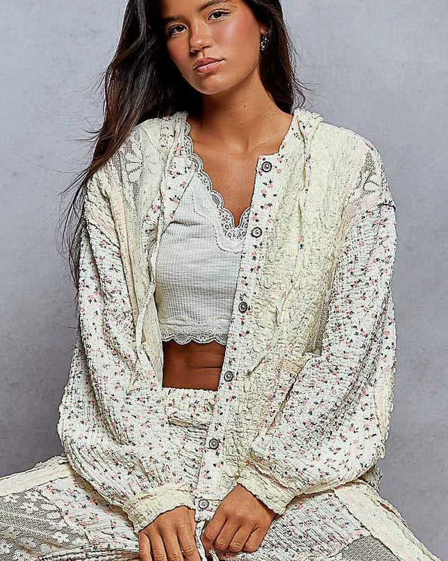 POL Floral Balloon Sleeve Hooded Lace Jacket with Stitch Detail - Sleekdenim.com