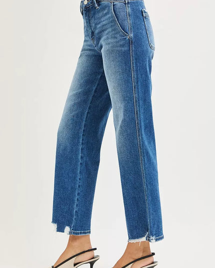 RISEN High Rise Ankle Straight Distressed Hem Detail Jeans - Sleekdenim.com