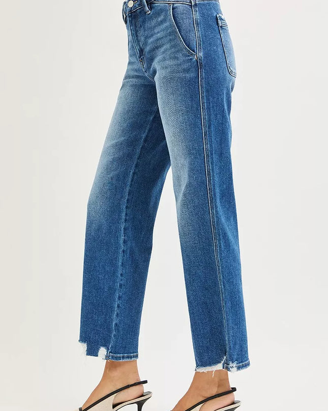 RISEN High Rise Ankle Straight Distressed Hem Detail Jeans - Sleekdenim.com