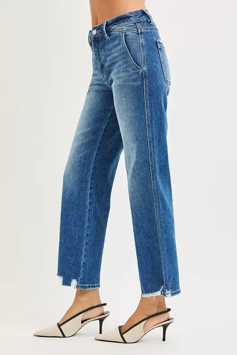 RISEN High Rise Ankle Straight Distressed Hem Detail Jeans - Sleekdenim.com