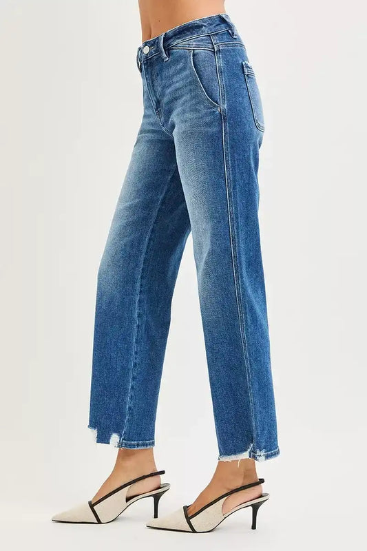 RISEN High Rise Ankle Straight Distressed Hem Detail Jeans - Sleekdenim.com