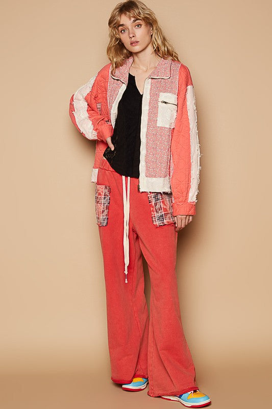 POL Floral Patchwork Zip Up Long Sleeve Jacket.