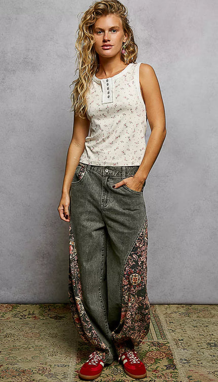 POL Vintage Floral Print Slim-Fit Knit Tank with Raw-Edge Details - Sleekdenim.com