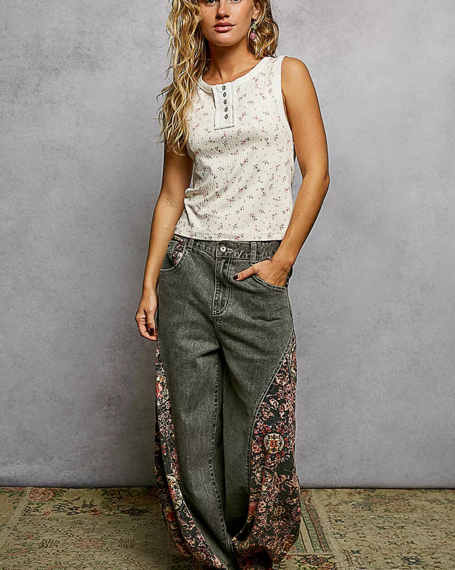 POL Vintage Floral Print Slim-Fit Knit Tank with Raw-Edge Details - Sleekdenim.com