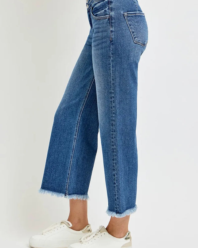 Risen High Rise Cropped Wide Leg Jeans with Wide Band Detail and Frayed Hem