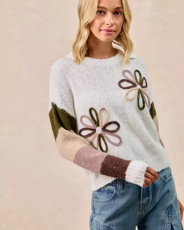 BiBi Flower Color Block Sweater - Sleekdenim.com
