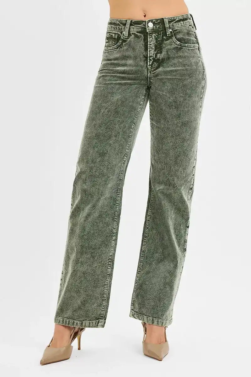 RISEN Tummy Control Mid Rise Straight Leg Corduroy Pants - Sleekdenim.com