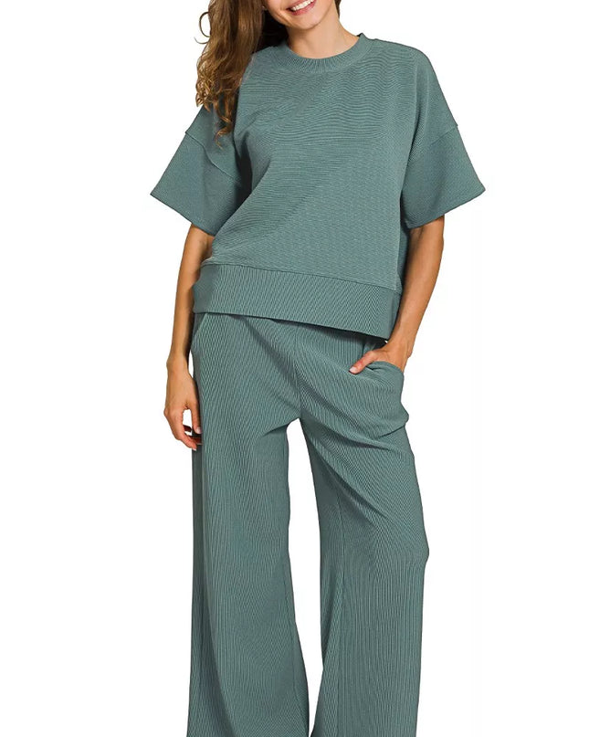 Zenana Ribbed Round Neck Tee & Pants Set - Sleekdenim.com