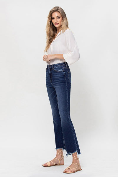 High Rise Distressed Hem Kick Flare Jeans | Sleekdenim.com