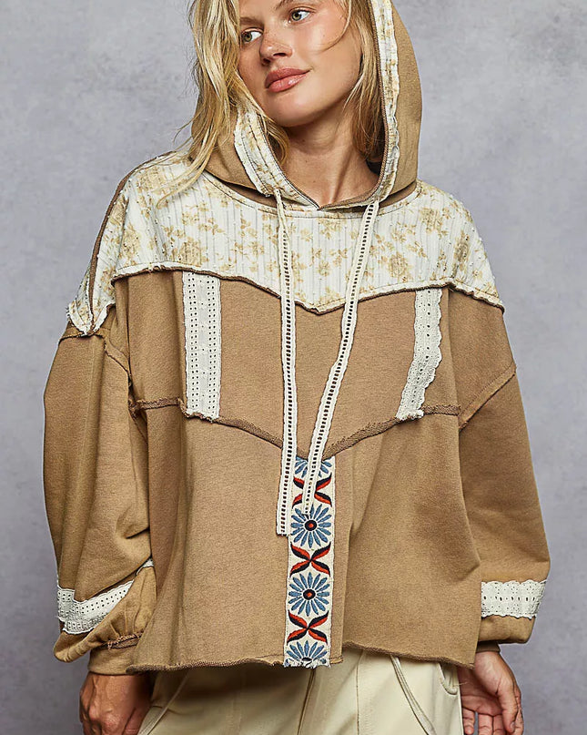 POL Drawstring French Terry Hoodie with Gauze Print Patch - Sleekdenim.com