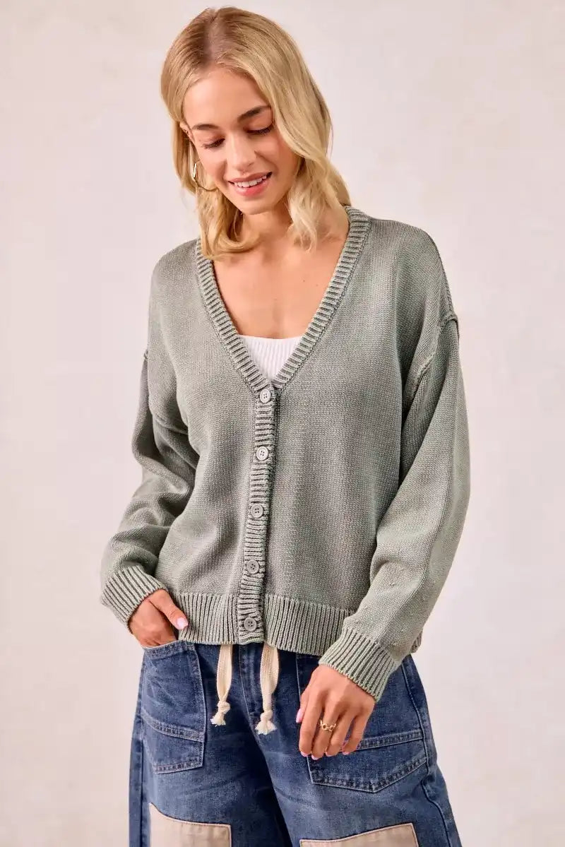 BiBi Washed Sweater V Neck Cardigan - Sleekdenim.com