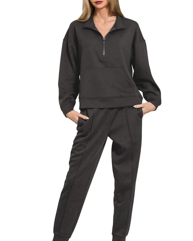 Zenana Scuba Half Zip Sweatshirt and Joggers Set - Sleekdenim.com