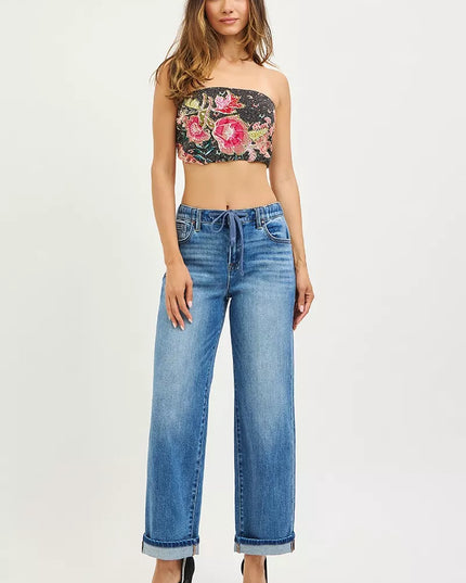 RISEN Elastic Band Slouch Ankle Boyfriend Cuffed Hem Jeans - Sleekdenim.com