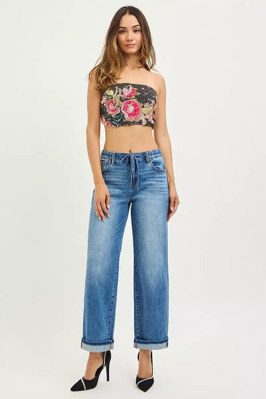 RISEN Elastic Band Slouch Ankle Boyfriend Cuffed Hem Jeans PGA21558