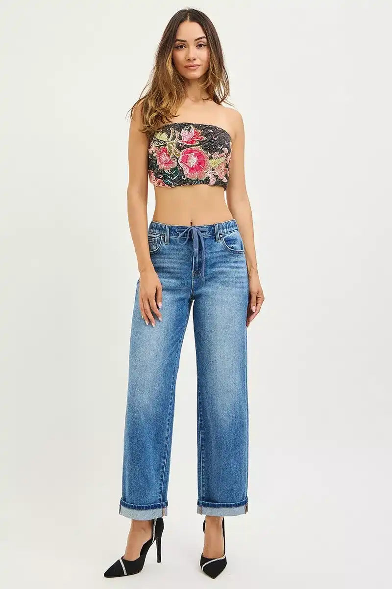 RISEN Elastic Band Slouch Ankle Boyfriend Cuffed Hem Jeans PGA21558