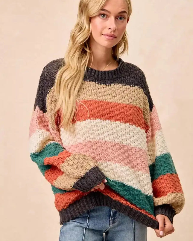 BiBi Stripes Color Block Chunky Sweater - Sleekdenim.com
